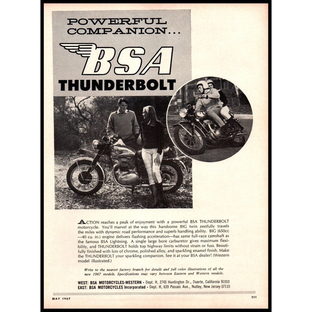 1967 BSA Thunderbolt Cruiser Motorcycle Vintage Print Ad 60s Fashion Wall Art